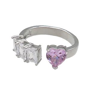 copper Heart Ring pave zircon pink platinum plated, approx 8mm, 7mm, 18mm dia