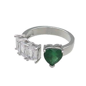 copper Heart Ring pave zircon green platinum plated, approx 8mm, 7mm, 18mm dia