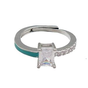 copper Ring pave zircon green enamel rectangle adjustable platinum plated, approx 6-7mm, 18mm dia