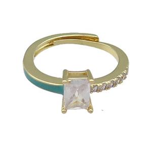 copper Ring pave zircon green enamel rectangle adjustable gold plated, approx 6-7mm, 18mm dia