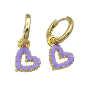 copper Hoop Earring lavender enamel heart gold plated, approx 11mm, 14mm dia