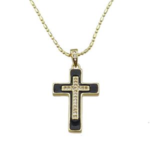 copper Necklace with cross black enamel, gold plated, approx 17-25mm, 1.2mm, 44-50cm length
