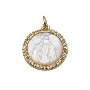 copper circle pendant pave zircon shell Jesus gold plated, approx 15mm dia