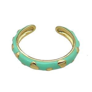 copper Ring with green enamel gold plated, approx 18mm dia