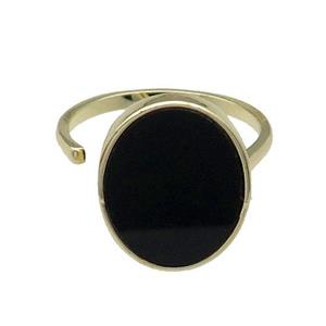 copper Ring pave oval black stone gold plated, approx 14-18mm, 18mm dia