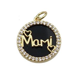 copper circle Mami pendant pave zircon black stone gold plated, approx 16mm dia
