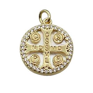 copper circle cross pendant pave zircon shell Saint Benedict gold plated, approx 16mm dia