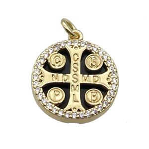 copper circle cross pendant pave zircon black stone Saint Benedict gold plated, approx 16mm dia