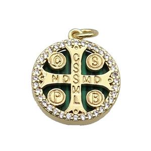 copper circle cross pendant pave zircon malachite Saint Benedict gold plated, approx 16mm dia