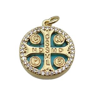 copper circle cross pendant pave zircon turquoise Saint Benedict gold plated, approx 16mm dia
