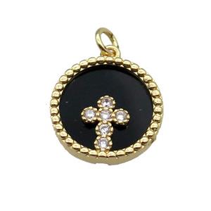 copper circle pendant pave zircon black stone Cross gold plated, approx 16mm dia