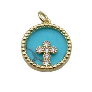 copper circle pendant pave zircon turquoise Cross gold plated, approx 16mm dia