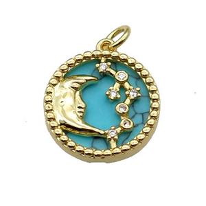 copper circle pendant pave zircon turquoise Moon gold plated, approx 16mm dia