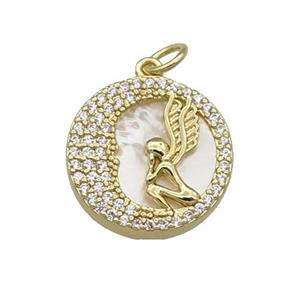 copper circle pendant pave zircon shell Angel gold plated, approx 16mm dia