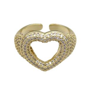 copper Ring pave zircon Heart gold plated, approx 15.5mm, 18mm dia