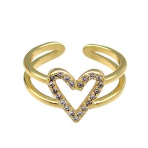 copper Ring pave zircon Heart gold plated, approx 10-11mm, 18mm dia