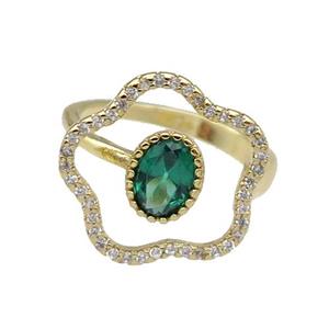 copper Ring pave zircon green Flower gold plated, approx 17mm, 18mm dia