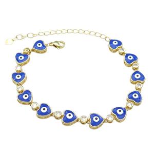 Copper Heart Blue Enamel Evil Eye Bracelet Pave Zircon Gold Plated, approx 9.5mm, 18-25cm length