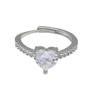 Copper Heart Ring Pave Zircon Adjustable Platinum Plated, approx 8mm, 18mm dia