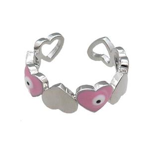 Copper Heart Ring Pink Enamel Evil Eye Platinum Plated, approx 6mm, 18mm dia