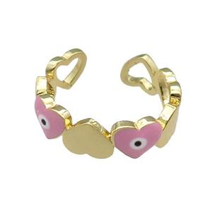 Copper Heart Ring Pink Enamel Evil Eye Gold Plated, approx 6mm, 18mm dia