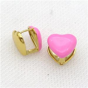 Copper Latchback Earring Pink Enamel Heart Gold Plated, approx 13mm