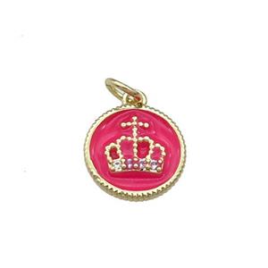 Copper Circle Crown Pendant Hotpink Enamel Gold Plated, approx 11.5mm dia