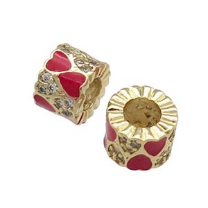 Copper Tube Beads Pave Zircon Red Enamel Large Hole Gold Plated, approx 9mm, 4mm hole