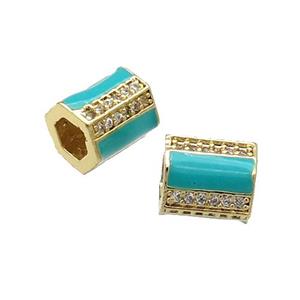Copper Tube Beads Pave Zircon Green Enamel Large Hole Gold Plated, approx 7-8mm, 2.5mm hole