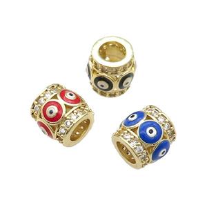 Mixed Copper Tube Beads Pave Zircon Enamel Evil Eye Large Hole Gold Plated, approx 9-10mm, 5mm hole