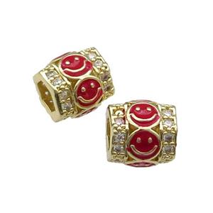 Copper Tube Beads Pave Zircon Red Enamel Emoji Gold Plated, approx 9-10mm, 4mm hole