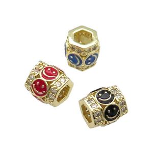 Mixed Copper Tube Beads Pave Zircon Enamel Emoji Gold Plated, approx 9-10mm, 4mm hole