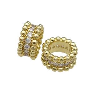 Copper Rondelle Spacer Beads Pave Zircon Large Hole Gold Plated, approx 11mm, 7mm hole