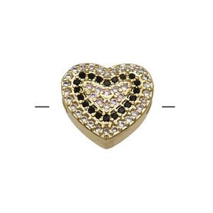 Copper Heart Beads Pave Black Zircon Gold Plated, approx 12-14mm