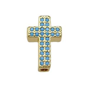 Copper Cross Beads Pave Turq Zircon Gold Plated, approx 9-15mm