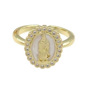 Copper Ring Jesus White Enamel Gold Plated Adjustable, approx 12-15mm, 18mm dia
