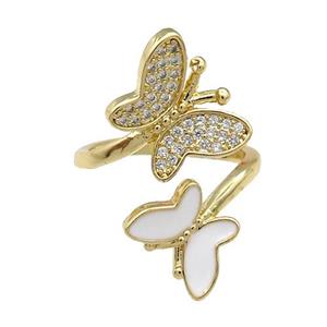 Copper Butterfly Ring Pave Zircon White Enamel Gold Plated, approx 9-12.5mm, 12-16mm, 18mm dia