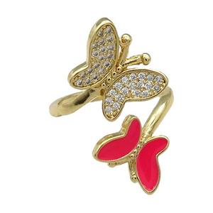 Copper Butterfly Ring Pave Zircon Red Enamel Gold Plated, approx 9-12.5mm, 12-16mm, 18mm dia