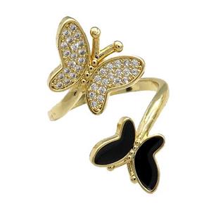 Copper Butterfly Ring Pave Zircon Black Enamel Gold Plated, approx 9-12.5mm, 12-16mm, 18mm dia