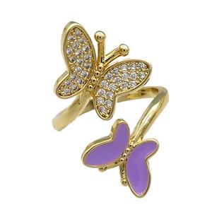 Copper Butterfly Ring Pave Zircon Lavender Enamel Gold Plated, approx 9-12.5mm, 12-16mm, 18mm dia