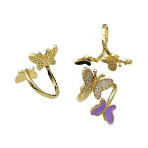 Copper Butterfly Ring Pave Zircon Enamel Gold Plated Mixed, approx 9-12.5mm, 12-16mm, 18mm dia