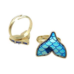 Copper Mermaid Tail Ring Blue Resin Adjustable Gold Plated, approx 13-16mm, 18mm dia