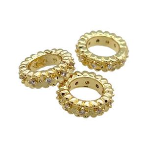 Copper Rondelle Beads Pave Zircon Large Hole Gold Plated, approx 10mm, 6mm hole