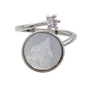 Copper Ring Pave Zircon Jesus MOP Shell Platinum Plated, approx 5mm, 13.5mm, 18mm dia