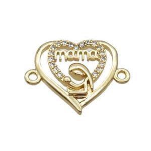 Copper Heart Connector Pave Zircon Mama Unfade 18K Gold Plated, approx 16mm
