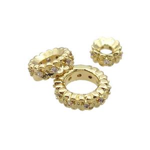 Copper Rondelle Beads Pave Zircon Large Hole Gold Plated, approx 10mm dia