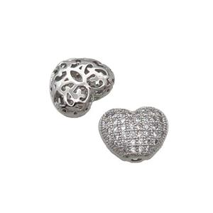 Copper Heart Beads Pave Zircon Platinum Plated, approx 11mm
