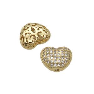 Copper Heart Beads Pave Zircon Gold Plated, approx 11mm