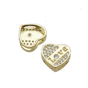 Copper Heart Beads Pave Zircon LOVE Gold Plated, approx 10.5mm