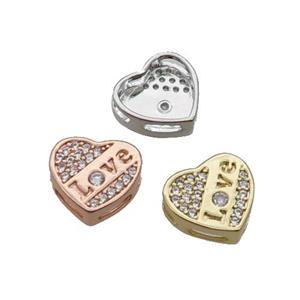 Copper Heart Beads Pave Zircon LOVE Mixed, approx 10.5mm